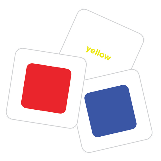 Three Color Pack tiles showing red and blue squares and the word yellow