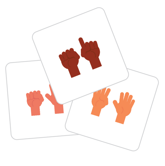 Three Counting Pack tiles each showing a set of hands in different shades holding up a number of fingers