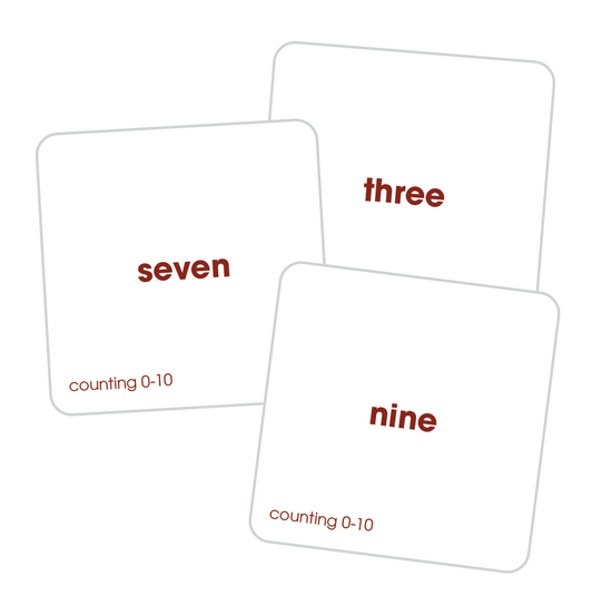 Three Counting Pack tiles showing the words seven, three, and nine