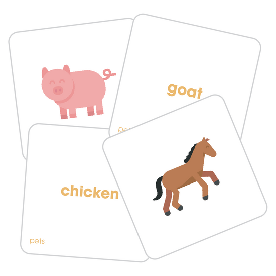 Four tiles from the Pets Tile Pack showing the words chicken and goat and images of a horse and pig
