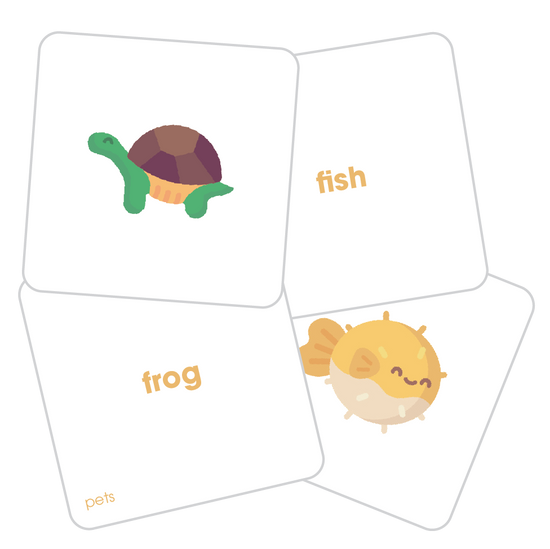 Four tiles from the Pets Tile Pack showing the words frog and fish and images of a turtle and fish