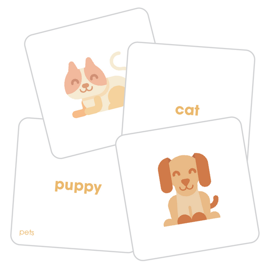 Four tiles from the Pets Tile Pack showing the words puppy and cat and images of a puppy and cat