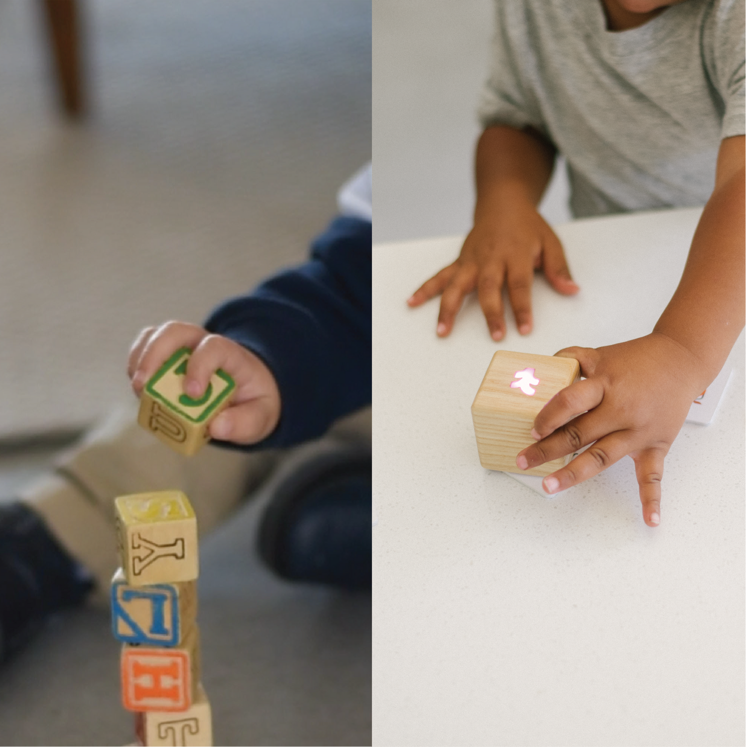 Side by side images showing hands and forearms of toddles playing with wooden blocks and the Kiri Smart Block