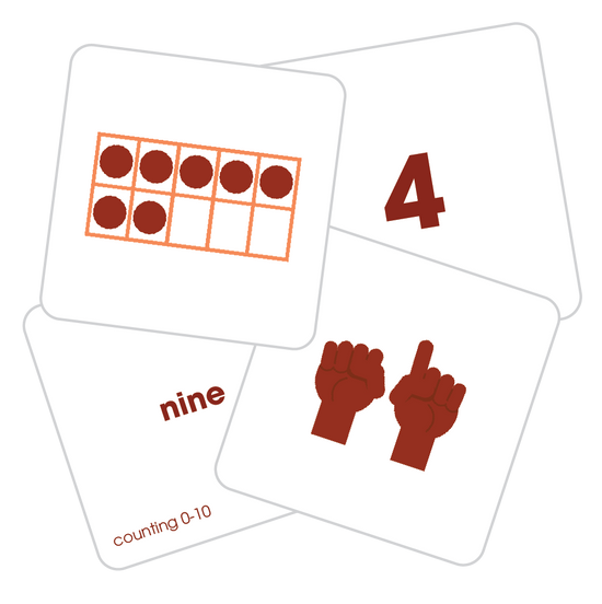 Four Counting Pack tiles showing the word nine, the number four, and representations of numbers