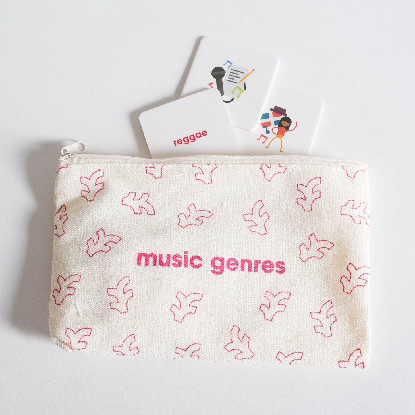 Cloth zippered Music Genres Tile Pack pouch on white background with four tiles spilling out