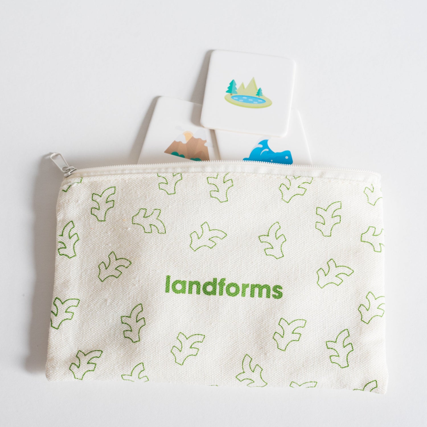 Cloth zippered Landforms Tile Pack pouch on white background with four tiles spilling out